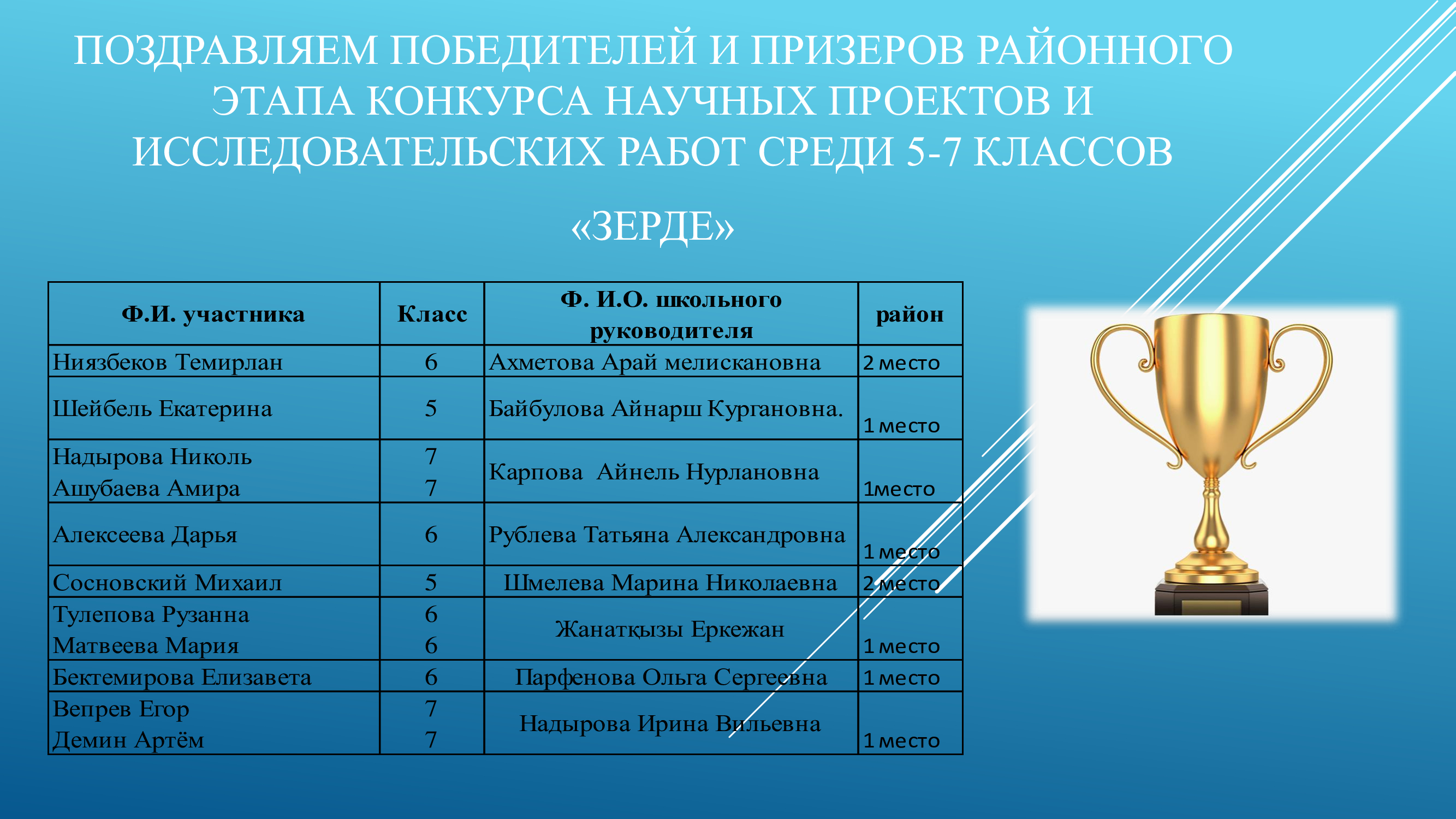 Победители и призеры районного этапа конкурса научных проектов и исследовательских работ.